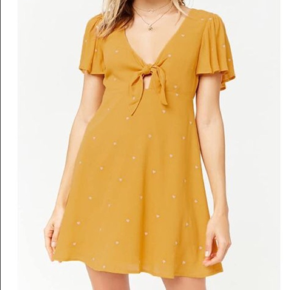 F21 Mustard Front-Tie Embroidered Hearts Sundress